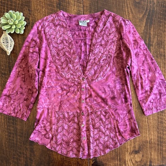 GoFish | 100% Cotton Pink Tie Dye Button Down Blouse with Eyelet, Size S - Picture 1 of 7